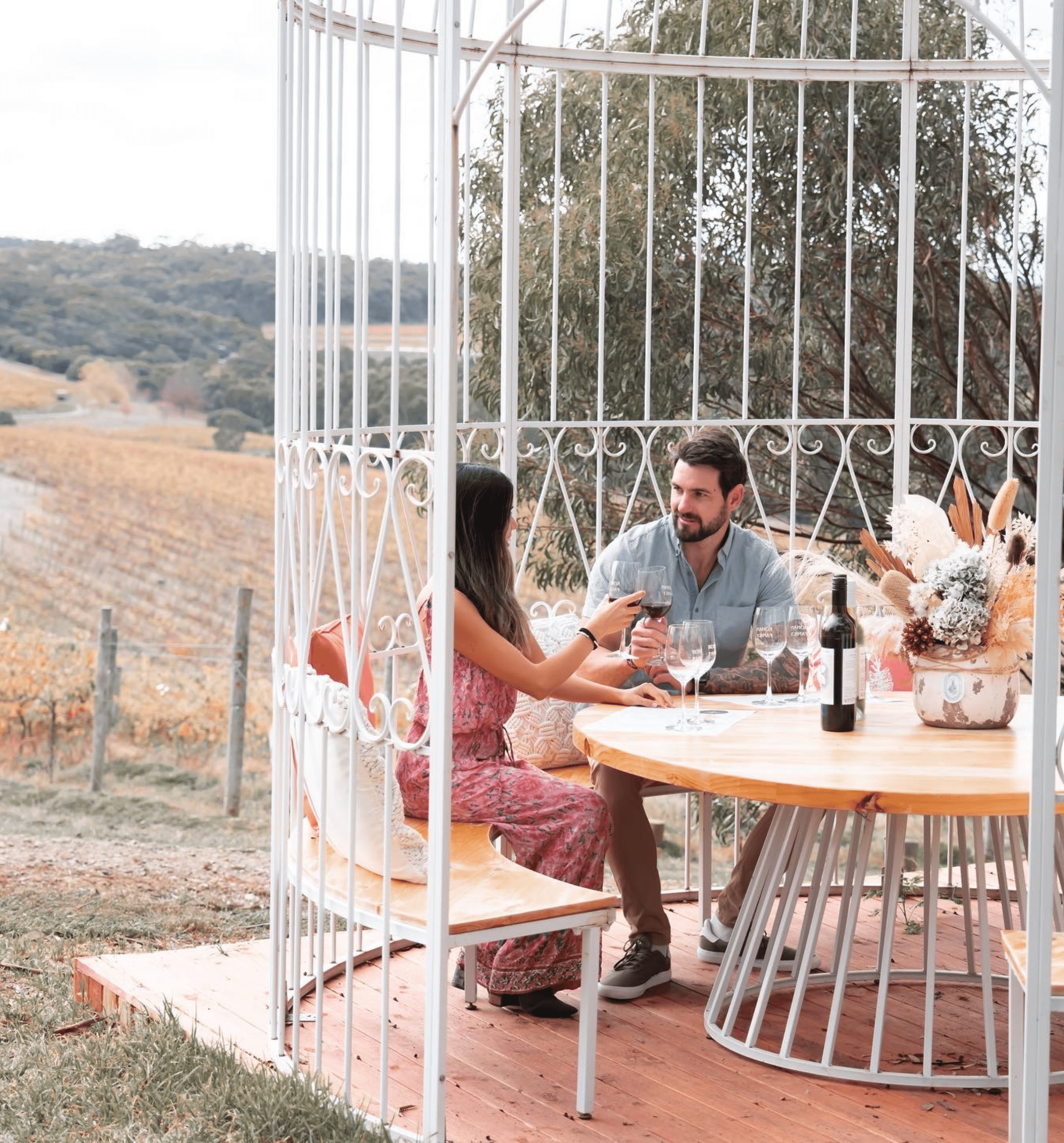 man and woman sitting in large birdcage near vineyard drinking wine